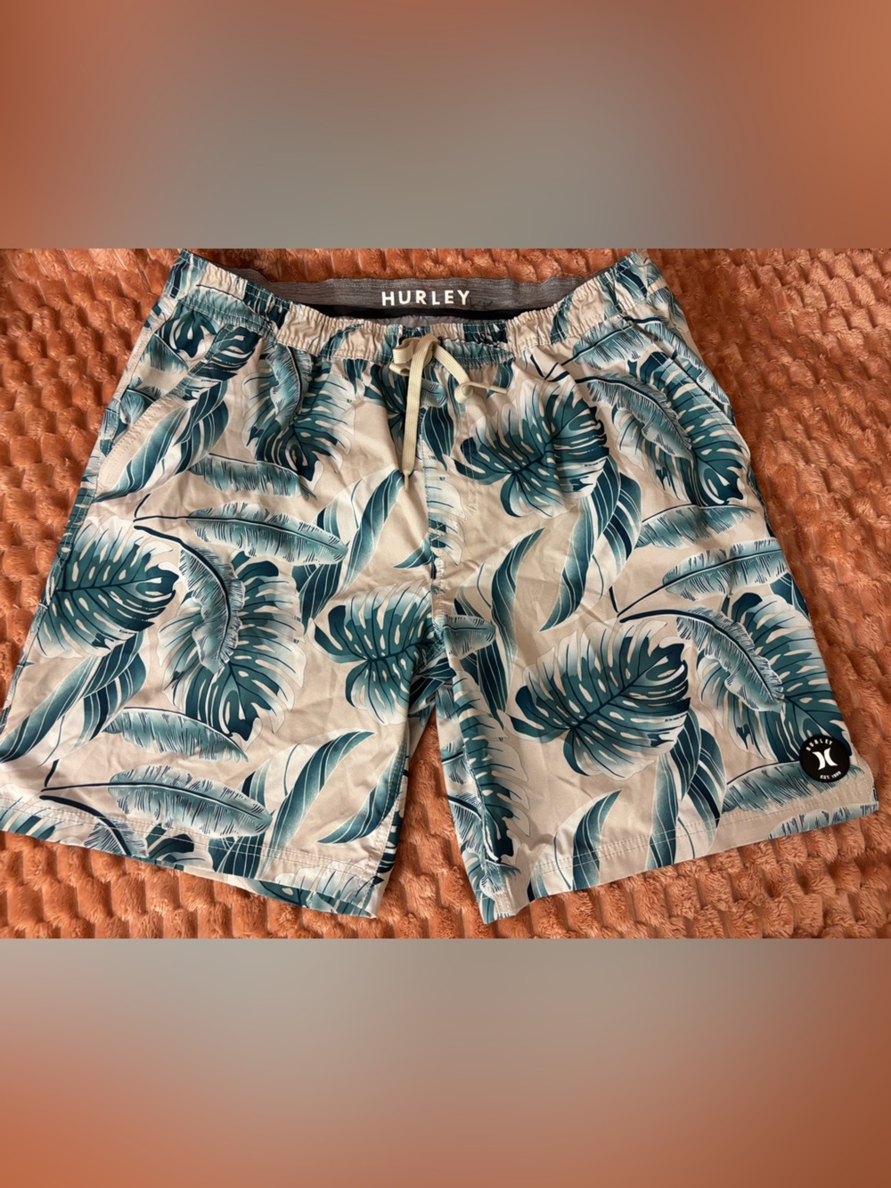 Hurley Men's Teal and Cream Tropical Leaf Hybrid Shorts